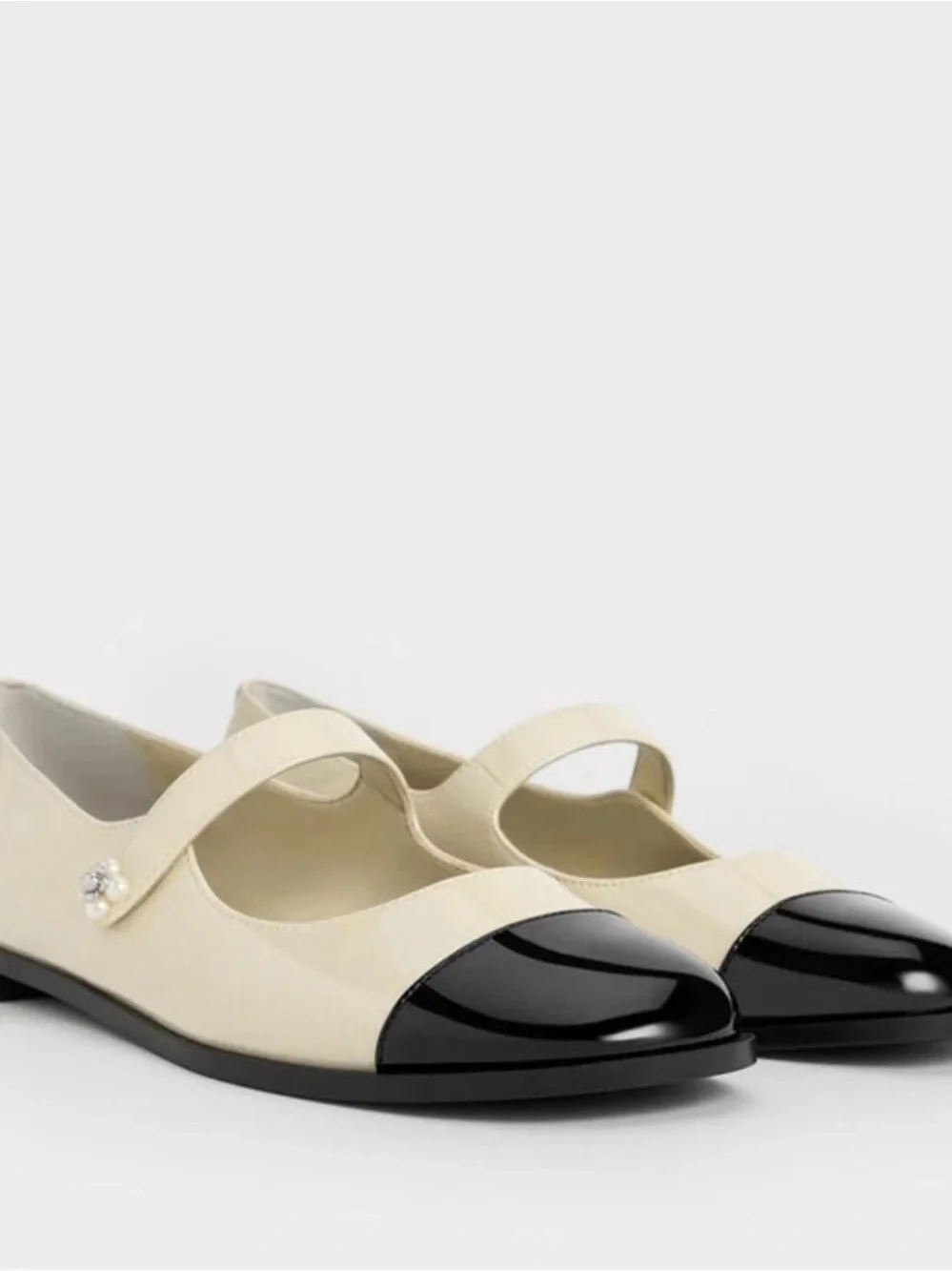 Charles & Keith Patent Pearl-Embellished Flower-Buckle Two-Tone Mary Janes (NWT)